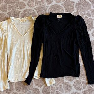 Nation LTD Black and Cream Long Sleeve Tops puff sleeve ruffle neck set size XS
